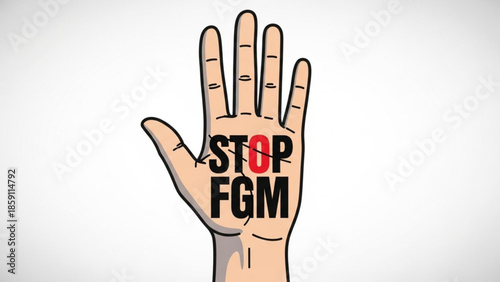 Hand with STOP FGM text symbolizing protest against female genital mutilation isolated on white background