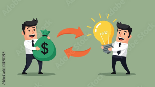 Cartoon Businessmen Exchanging Money for Ideas and Innovation Concept.