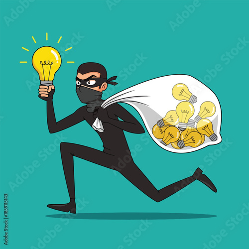 Cartoon thief running with stolen glowing light bulb and sack of ideas.