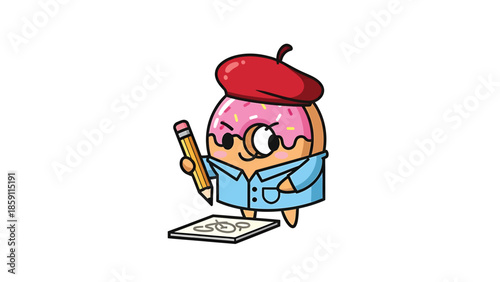 Donut artist with a red beret holding a pencil and drawing on paper.