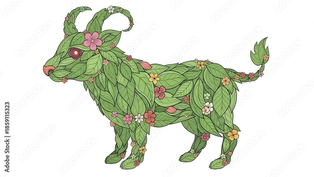 Fototapeta premium Vibrant floral goat with green leaves and colorful flowers standing