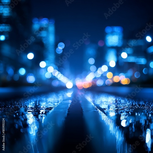 Rainy Night City Street with Blue Neon Reflections – Wet Road, Urban Lights, and Cinematic Mood | Modern Nightlife and Transportation Background
