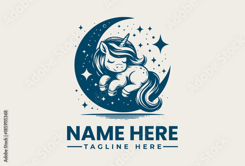 A whimsical logo illustration of a unicorn sleeping on a crescent moon surrounded by stars, with a placeholder text for a name and tagline in a dreamy, nighttime scene.
