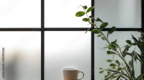 A white ceramic mug placed near frosted glass panes with black grilles, textured cubic frames,