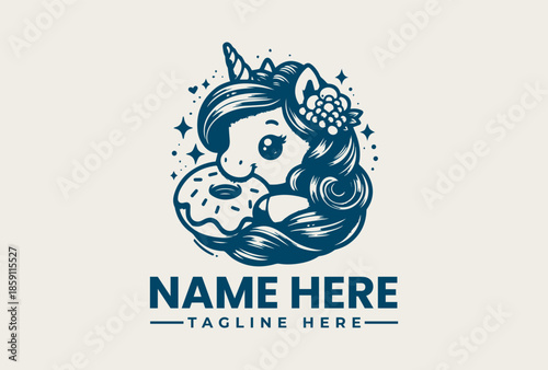 A whimsical illustration of a girl's face with a unicorn horn and a cookie, surrounded by sparkles and stars, with a placeholder text for a logo or brand name on a plain background.