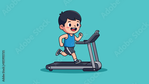 Cute cartoon boy running on a treadmill for fitness and exercise.