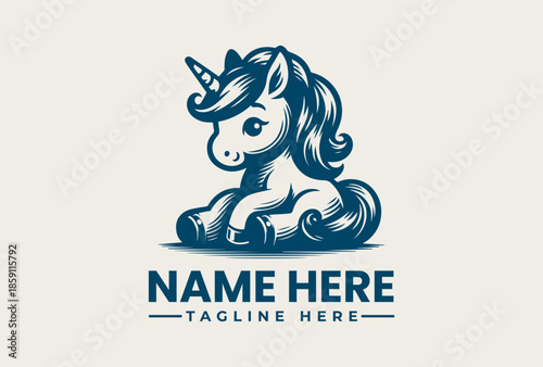A minimalist blue illustration of a unicorn logo with a text placeholder in a clean, white background.