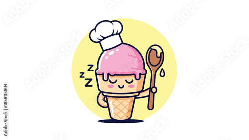 Cute cartoon ice cream chef sleeping with spoon in hand, sweet dreams.