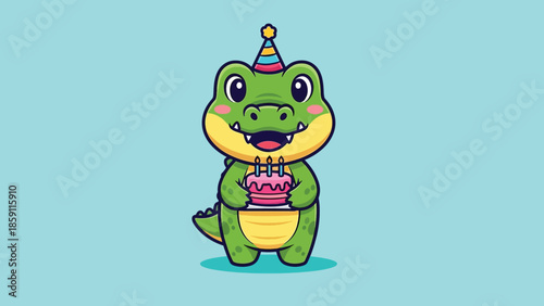 Cute Cartoon Green Alligator Celebrating Birthday with Cake and Party Hat.