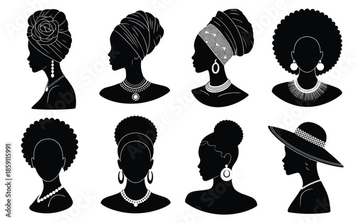 Collection Of Black Woman Profile Icons Featuring Afro Hairstyles Headscarves Pearls And Necklaces