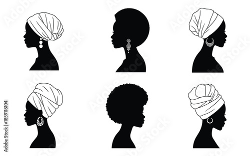 Black Woman Profile Silhouette Set Featuring Traditional Turbans And Afro Hairstyles Illustration