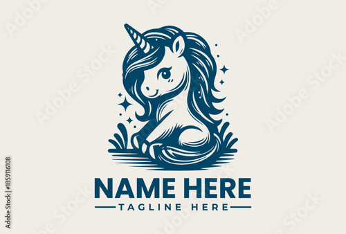 A blue vector illustration of a unicorn logo with a name and tagline placeholder in a whimsical design.