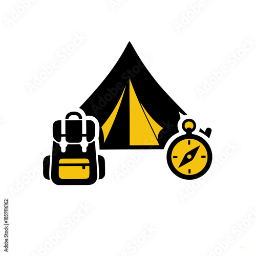 Camping adventure with a backpack, compass, and tent illustration for outdoor exploration