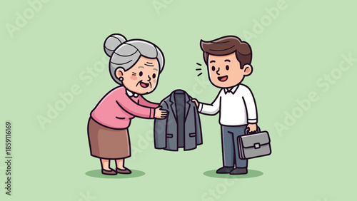 Elderly Woman Giving Suit Jacket to Young Man Cartoon Illustration.