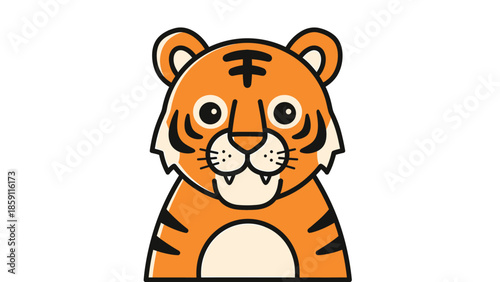 Cute cartoon tiger with orange fur and black stripes looking forward.
