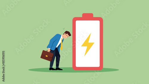 Exhausted businessman leaning on a charging battery icon symbolizing work fatigue and energy.