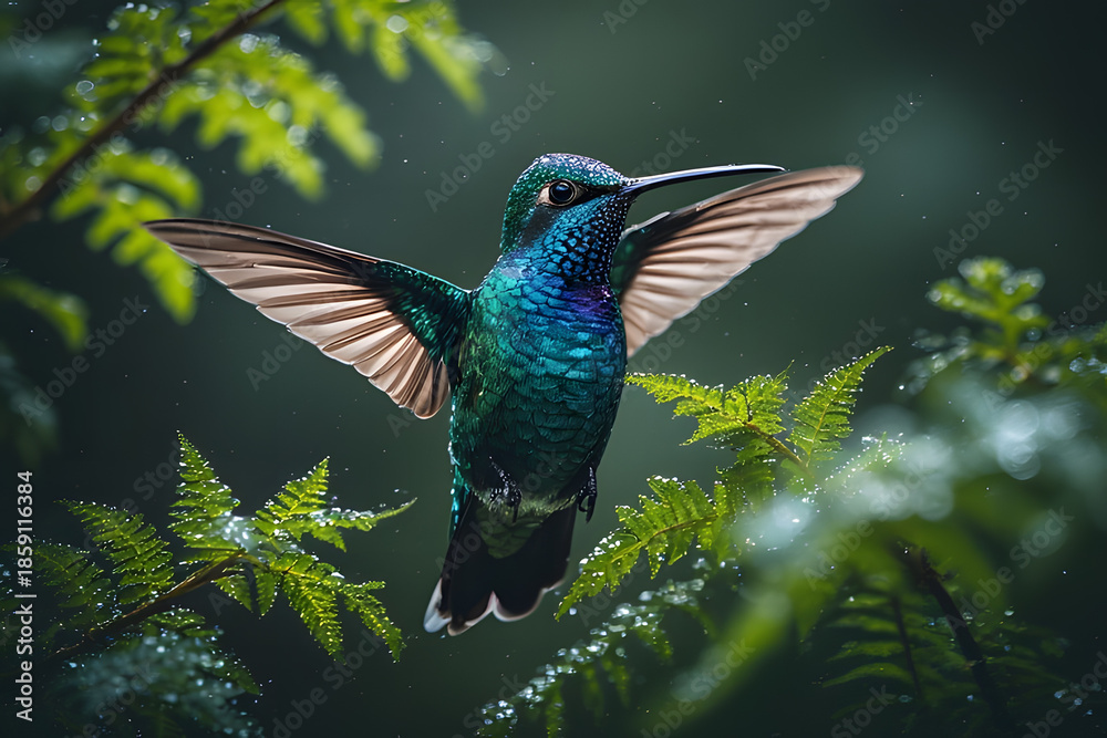 Obraz premium Iridescent Teal Hummingbird Hovering with Spread Wings Amidst Lush Green Ferns in Forest