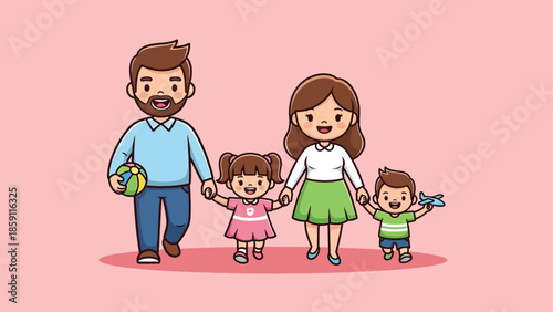 Happy cartoon family of four walking hand in hand father holding ball son with toy plane.