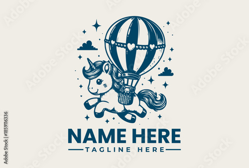 A logo illustration featuring a unicorn with a hot air balloon on a white background with blue tones and stylized clouds, stars.