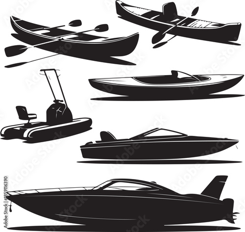 Collection of different watercraft and boats isolated on transparent background