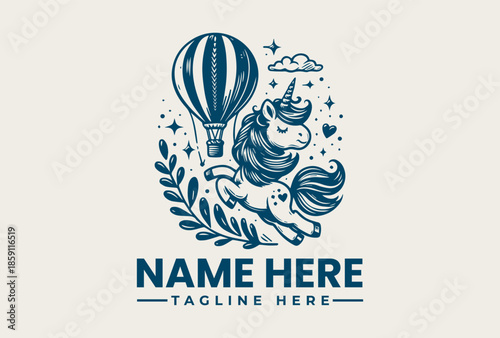 A whimsical logo illustration featuring a unicorn and hot air balloon, with a placeholder name and tagline in a fantasy-themed design on a cream background.