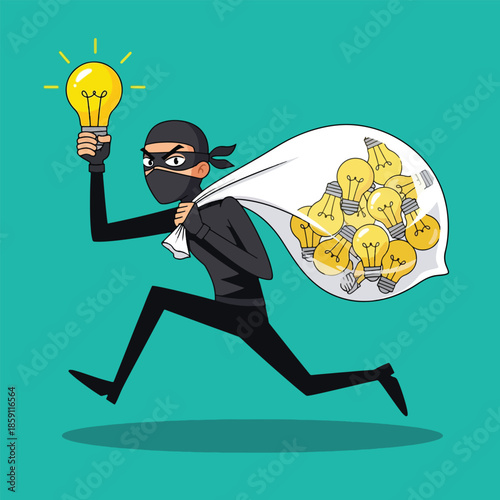Masked cartoon thief running with stolen glowing light bulbs symbolizing idea theft.