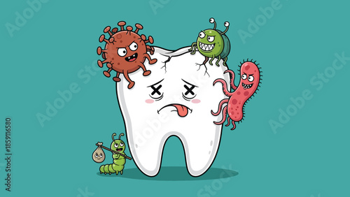 Sad cartoon tooth with X eyes attacked by various menacing bacteria and germs illustrating dental decay.