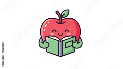 Cute cartoon apple character happily reading a book with a smile on its face.