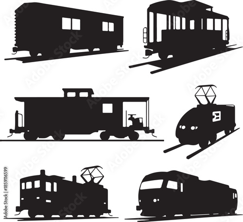 Collection of vintage train and railcar silhouettes isolated