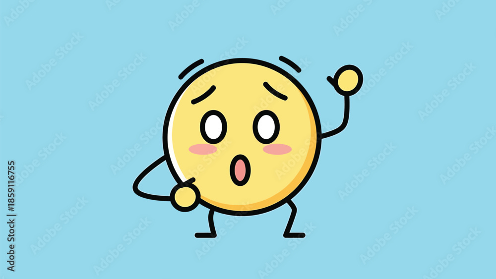Obraz premium Embarrassed emoji character with wide open eyes and raised hand expressing shock and surprise.