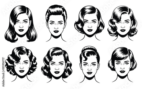 Beautiful Vintage Woman Face Portraits With Retro Hairstyles Black And White Vector Illustration