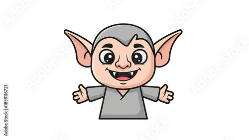 Cute cartoon vampire character with open arms smiling happily.