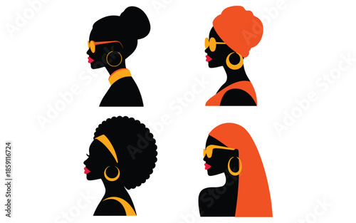 Beautiful African American Woman Silhouettes Wearing Orange Headwraps and Golden Hoop Earrings Vector