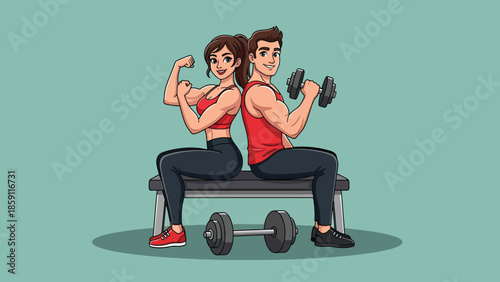 Strong cartoon couple exercising with dumbbells showing biceps and fitness.