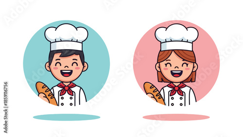 Smiling Cartoon Male and Female Bakers Holding Baguettes.