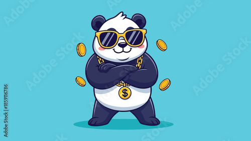 Stylish Cartoon Panda Wearing Sunglasses and Gold Chain with Dollar Sign and Coins.