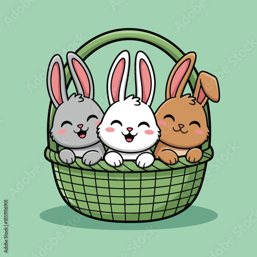 Three happy cartoon bunnies in a green woven basket.
