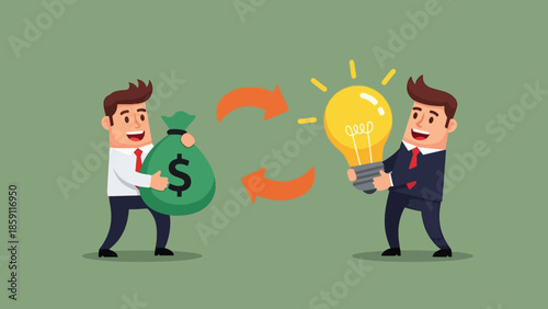 Two cartoon businessmen exchanging money for a lightbulb representing business idea investment.