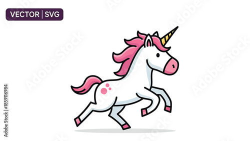 Charming cartoon unicorn with pink mane and tail galloping gracefully across the scene.