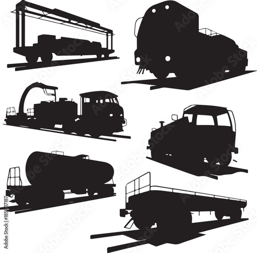 Collection of industrial rail and road transport vehicles isolated