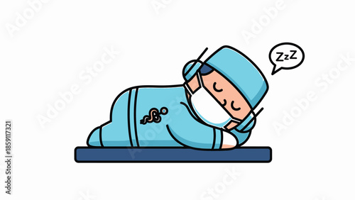 Exhausted medical professional sleeping on a surgical table after long shift.