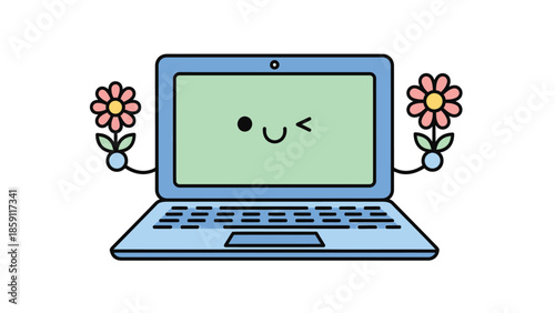 Cute cartoon laptop with flowers, smiling and winking, cheerful digital device.