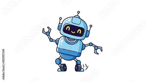 Cheerful blue robot with antennas and expressive face waving hello to everyone.