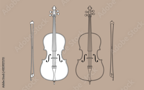 Classical Cello Vector Illustration Set with Bows and Line Art String Instruments