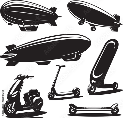 Collection of vintage and modern transport illustrations isolated