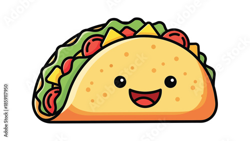 Cheerful cartoon taco with a happy face and delicious fillings, ready to eat.