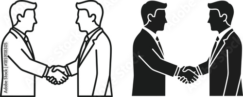 Four variations of two men shaking hands monochrome style on transparent background silhouette