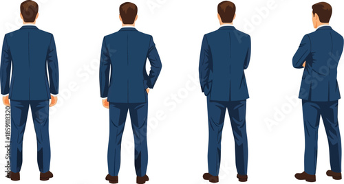 Four men in suits different poses viewed from the back on transparent background silhouette