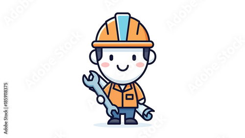 Cute cartoon construction worker holding a wrench with a smile on his face.