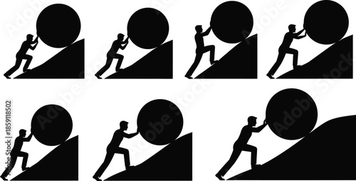 Figures pushing large spheres uphill demonstrating effort on transparent background silhouette